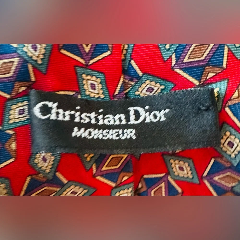 Christian Dior Monsieur Tie Mens Red Geometric Silk Made in USA Necktie Designer